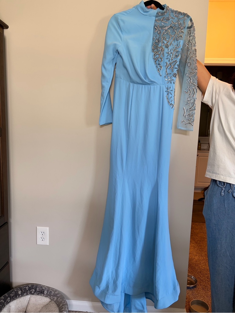 Sky Blue Embellished Long Sleeve Evening Gown